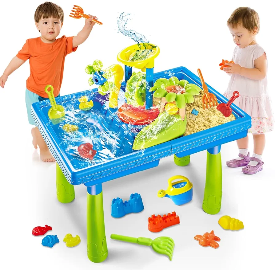 Water Table for Toddlers 1-3, 2-in-1 Outdoor Play Table Rain Showers Splash Pond Toys, 38 PCS Kids Sensory Activity Sand Table, Outside Backyard Summer Beach Toys for Boys Girls Age 3 4 5 6