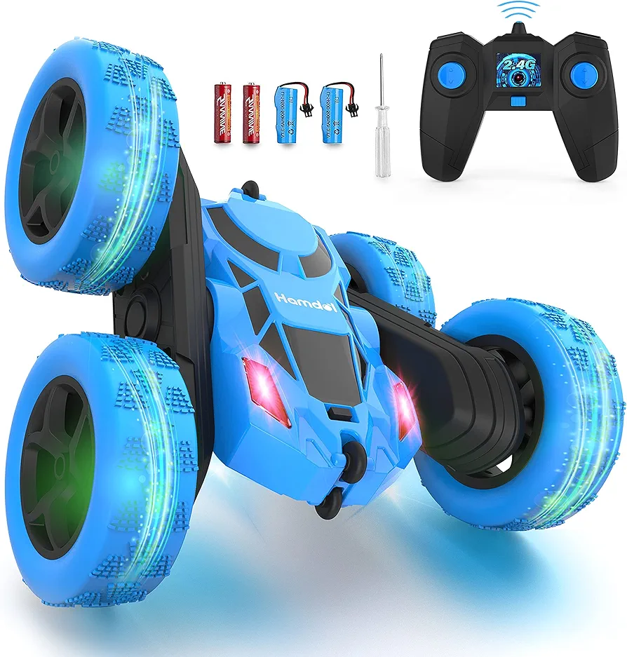 Remote Control Car Double Sided 360°Rotating 4WD RC Cars with Headlights 2.4GHz Electric Race Stunt Toy Car Rechargeable Toy Cars for Boys Girls Birthday (Blue)