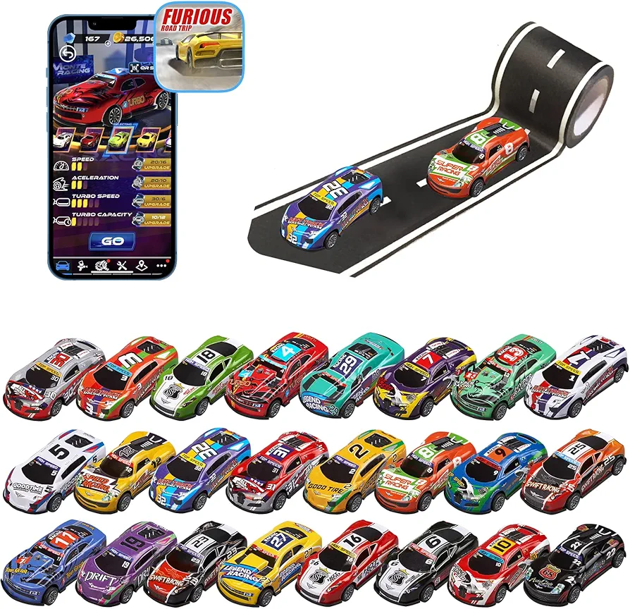 Golden Wheel 24 Race Cars Pack - 1:64 Vehicles Die-cast Metal Mini Pull Back Cars Set with 1 Black Road & Free Online Games - 2022 Hot Toy Birthday Party Gift for Kids Ages 3+ Years Old