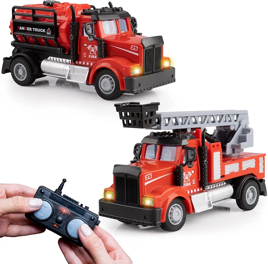 Force1 Mini RC Firetrucks Toys for Kids - 2 Pack Remote Control Kid Fire Truck Toy Set with Mini Water Tank and Boom Toy Fire Trucks for Boys or Girls, Rechargeable 2.4GHz Remote Firetruck with Lights