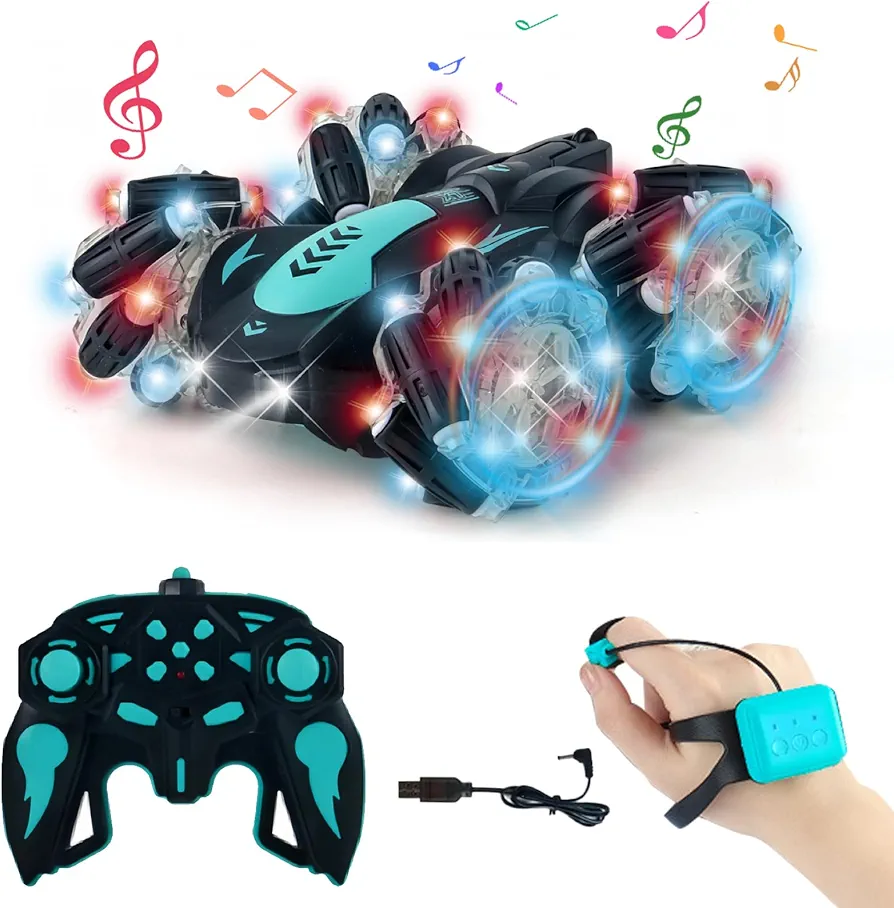 Gesture Sensing RC Stunt Car,360° Spins Double Sided Hand Controlled RC Car Glove Controlled Twist Remote Control Car with Lights Music Birthday Gifts Toys for Boys Age 6 7 8 9 10 11 12