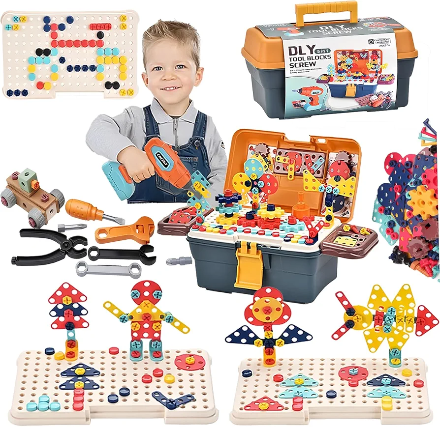 CZOALX Magic Montessori Play Toolbox,Design and Drill Toy,Kids Tool Set Toddler Box Drill Set Real Power Tools Creative Mosaic and Screw Construction Kit for Boys Girls Toys