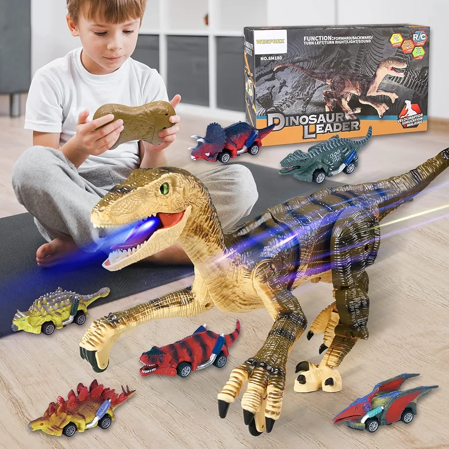 Remote Control Dinosaur Toy Velociraptor for Kids with 6 Pull Back Dinosaur Cars, Walking Robot Dinosaur with Light & Roaring Simulation, Dinosaur Toys for Boys Girls Age 3 4 5 6 7 8 (Brown)