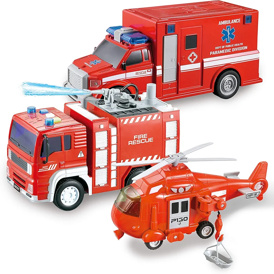 JOYIN Toddler Fire Truck Toys for 3 4 5 6 7 Year Old Boys - Fire Engine, Emergency Vehicle, Kids Toys Firetruck, Friction Powered Car with Lights and Sounds, Birthday Gifts for Boys Girls Age 3-9