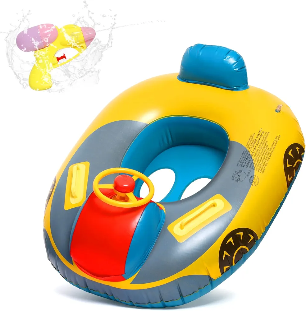 Baby Inflatable Pool Float Swimming Float Boat with Steering Wheel Horn for Kids Toddlers Age 1-4 Boys Girls Inflatable Ride-ons Swimming Pool Toys with Water Gun Swim Ring Beach Supplies,Car