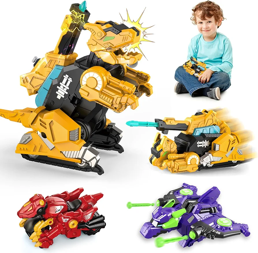 Qirptey 3 Packs Transforming Dinosaur Car Toy for 3 4 5 6 7 Year Old Boy Gift, Friction Power Cars Dinosaur Robot Toys for Kids 3-5 5-7 Toddler Toys Age 3-4 4-6 5-6 with Shooting Gift for Boys