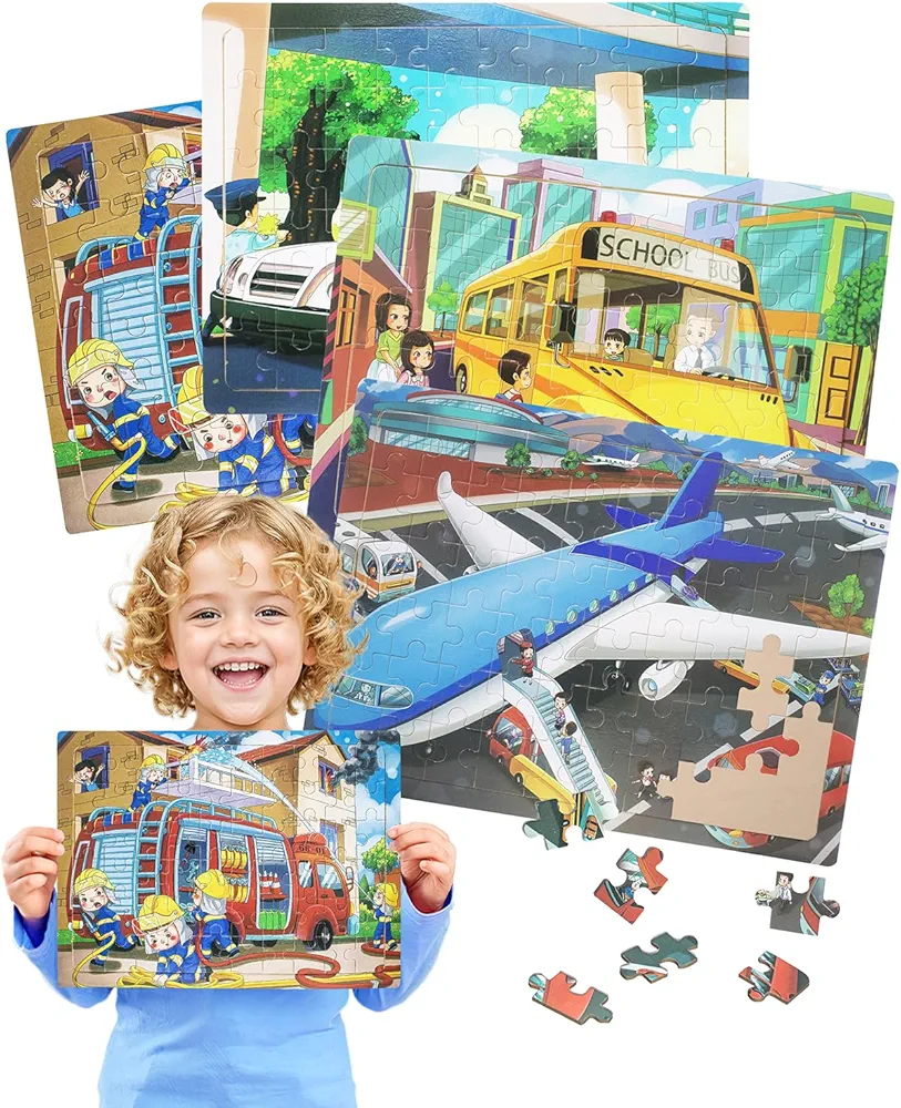 Puzzles for Kids Ages 4-6, 4 Packs 60 PCs Vehicle Jigsaw Wooden Puzzles Preschool Educational Toys Gifts for Children Ages 4-8, Kids Puzzles for 4+ Year Olds Boys, Wood Puzzles Ages 3 4 5 6 7 8