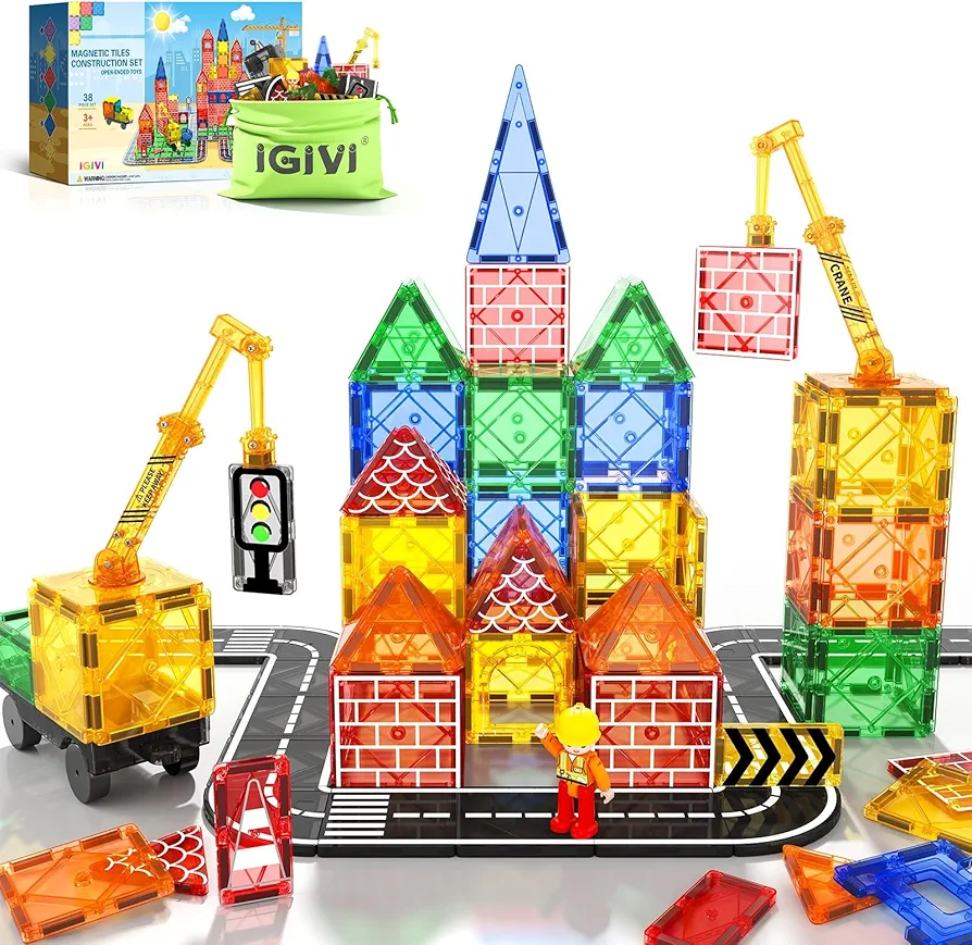 Magnetic Tiles Road Set with Magnet Crane Car Toys, Construction Toys for Kids Ages 3-5 4-8 5-7, Creative Magnetic Building Blocks Toddler Toys, Gifts for 3+ Year Old Boys & Girls