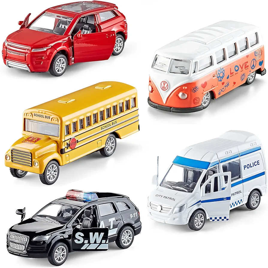 Die-cast Metal Toy Cars Set of 5, Openable Doors, Pull Back Car, Gift Pack for Kids (Official Car)