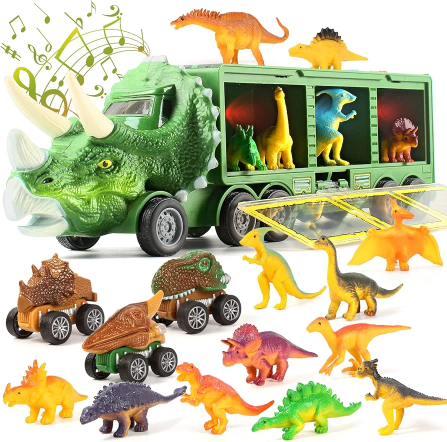 Dinosaur Toy Trucks for Kids - 28 Pack Pull Back Cars Set with Flashing Lights, Music,Roaring Sound,Dinosaur Car with Cars Launcher Track for Boys Girls Age 3 4 5 6 7 8 Year Old (Green)