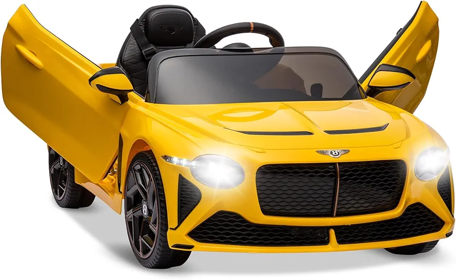 12V Kids Ride-on Car Bentley Bacalar Kids Car with Remote Control, Spring Suspensions, Ride on Toy car with 3 Speeds, LED Lights, Music, Scissor Doors, Best Gift for Boys Girls, Yellow