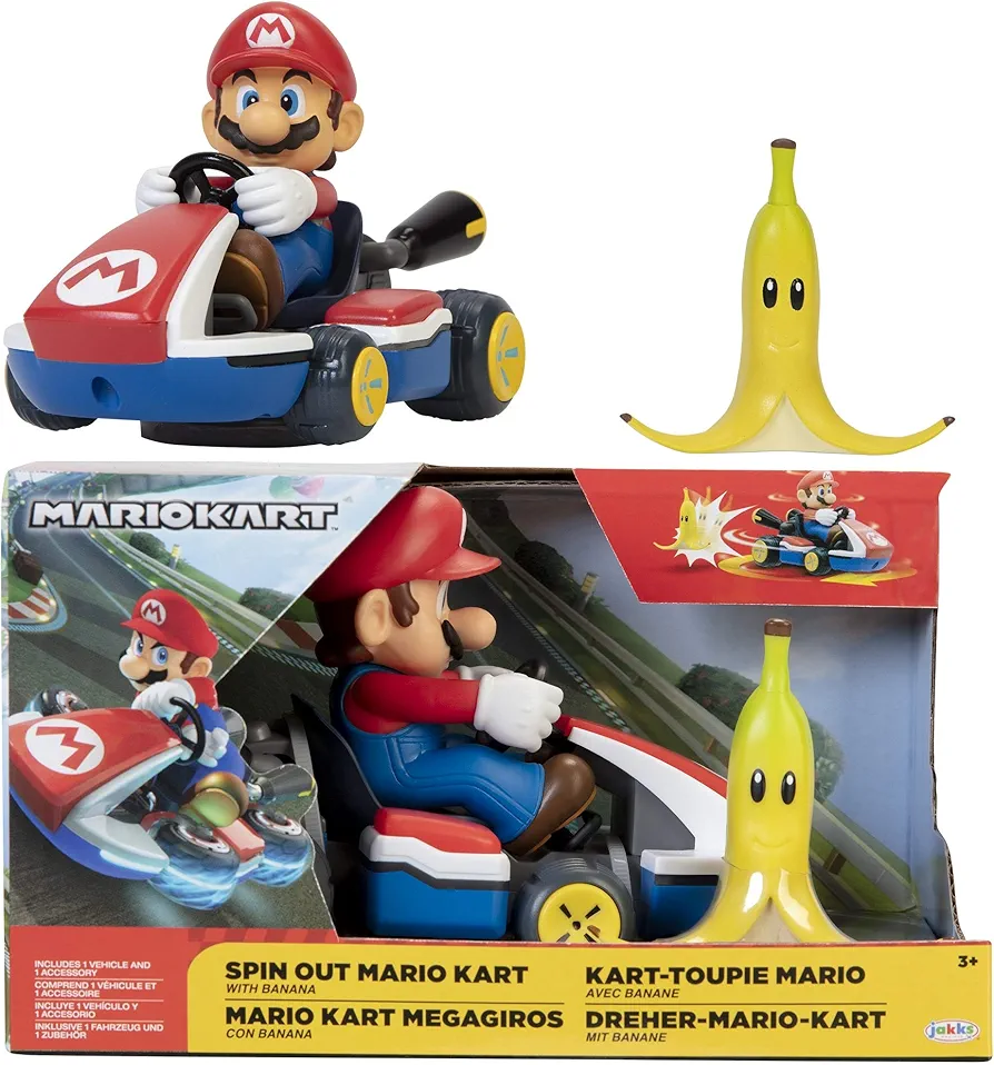 Super Mario Spin Out MarioKart Mario Racer Vehicle with 360 Spins, Wind Up and Go! includes One 2.5” Mario Action Figure