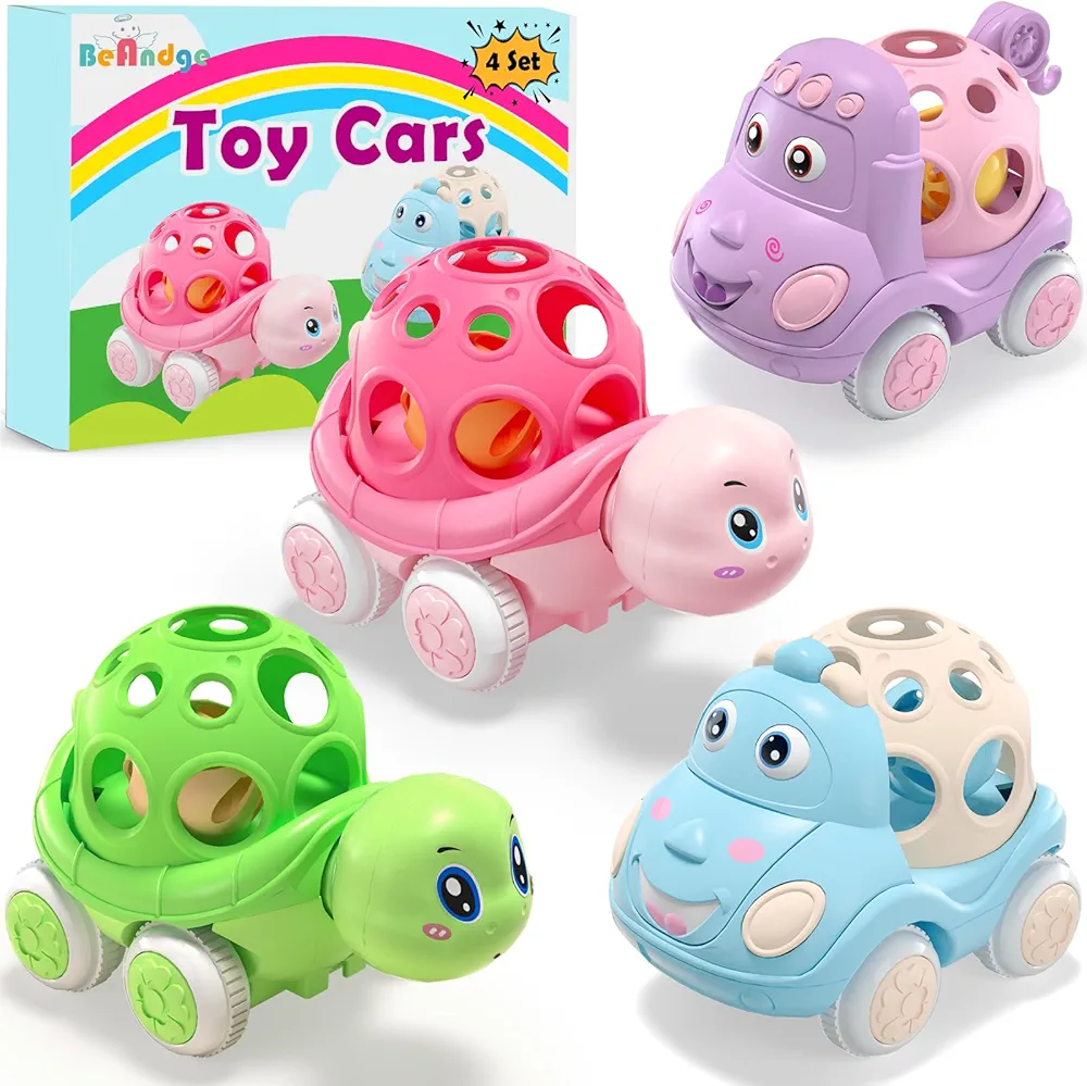 Baby Car Toys for 1 One Year Old Girl & Boy, Pink Rattle Push Cars for Toddler Girls Age 1-2 1-3 Baby Girl Gifts, Green Toy Trucks Soft Rattles for Babies Infant Boys 1+ 2 3 Yr Birthday Gift