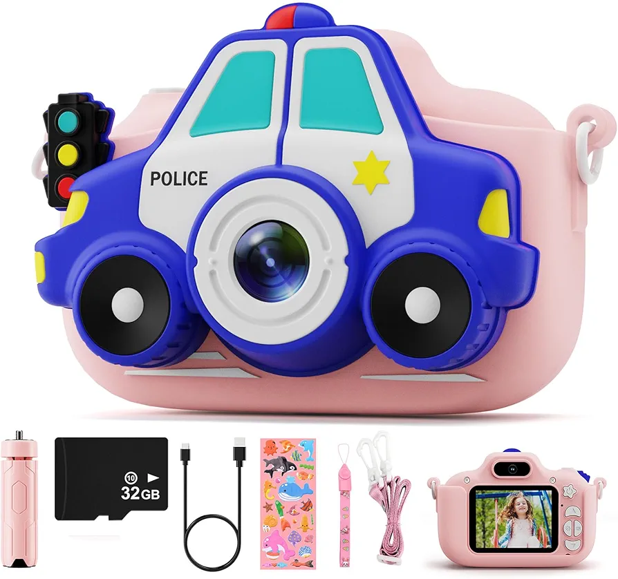 Kids Camera for Girls, Toddler Camera Christmas Birthday Gifts Toys for 3-8 Years Old Girls Boys, 1080P HD Kids Selfie Digital Camera with 32G SD Card -Pink Car