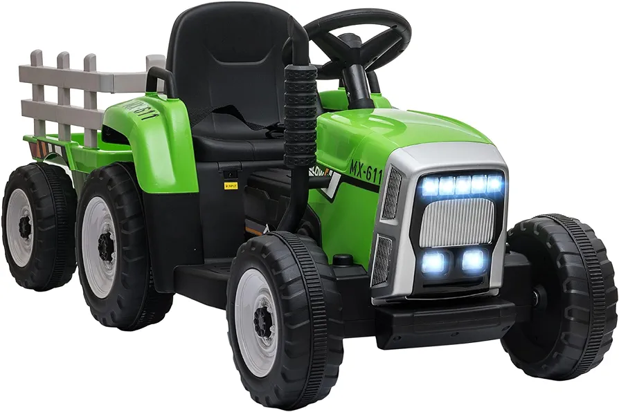 Aosom 12V Ride on Tractor with Trailer, 25W Dual Motors, Battery Powered Electric Tractor with Remote Control, Music Startup Sound and Horn, LED Lights, Green