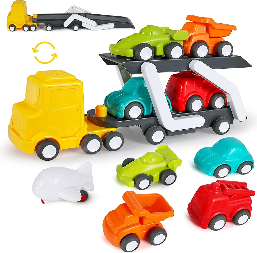 iPlay, iLearn Car Carrier Truck Toy for Toddler 1-3, Baby Push Go Cars for 2 Year Old Boys, Big Transport Flatbed Trailer Truck Set W/ 5 Play Vehicles, Birthday Gift 1 2 3 4 Yr Kids Girls Children