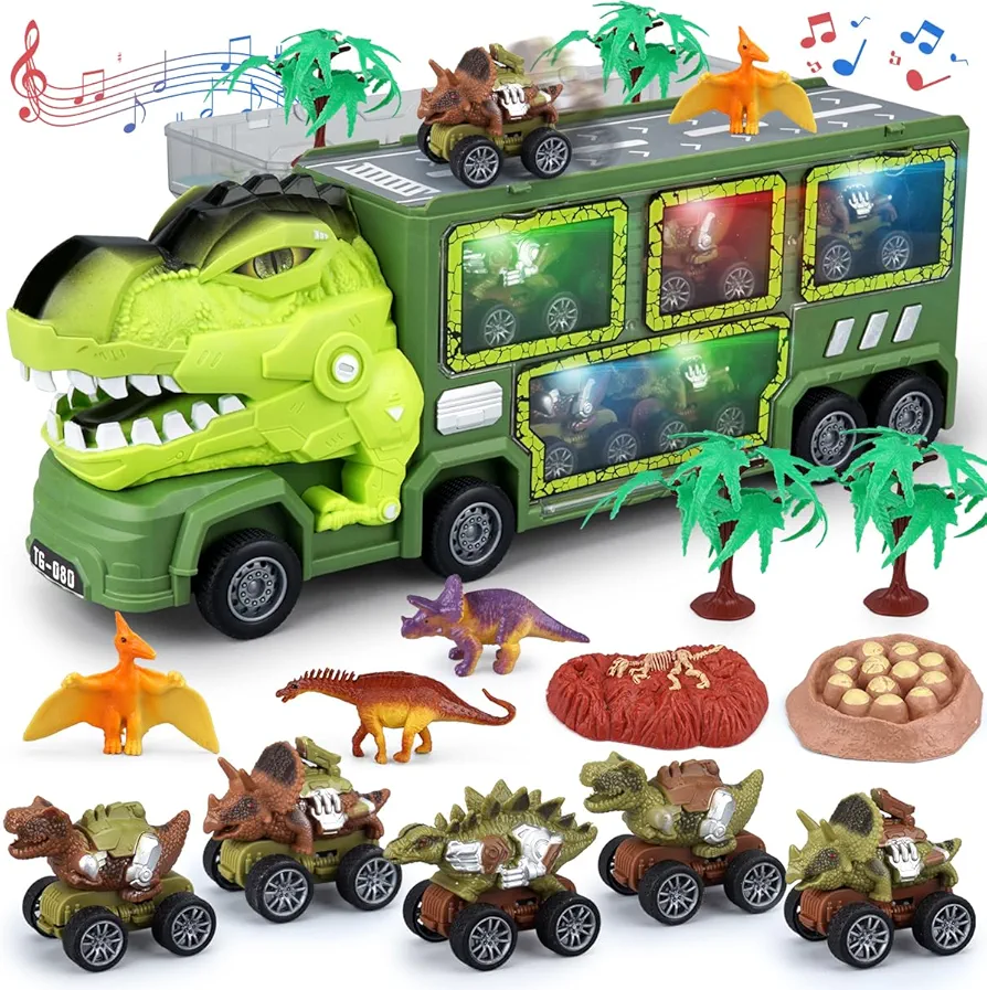 Kids-Friendly Dinosaur Toy Truck Set - Pull Back Dino Cars Playset with LED Lights & Sound Effects - Perfect for Boys & Girls Age 3-8 (Green)