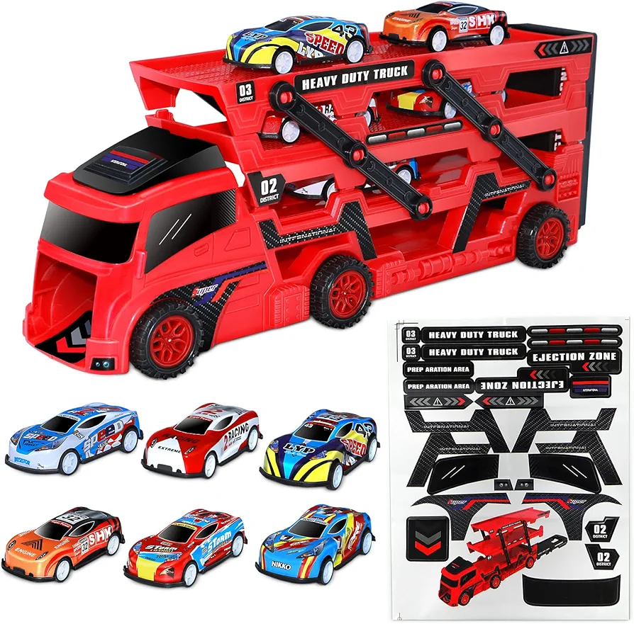 7 PCS Transport Car Carrier Truck Toys for Boys 3-7 Year Old, Hauler Truck with Car Launcher Vehicles Boys & Girls Toy, Christmas Birthday Gifts for Kids Toddler 3 4 5 6 7