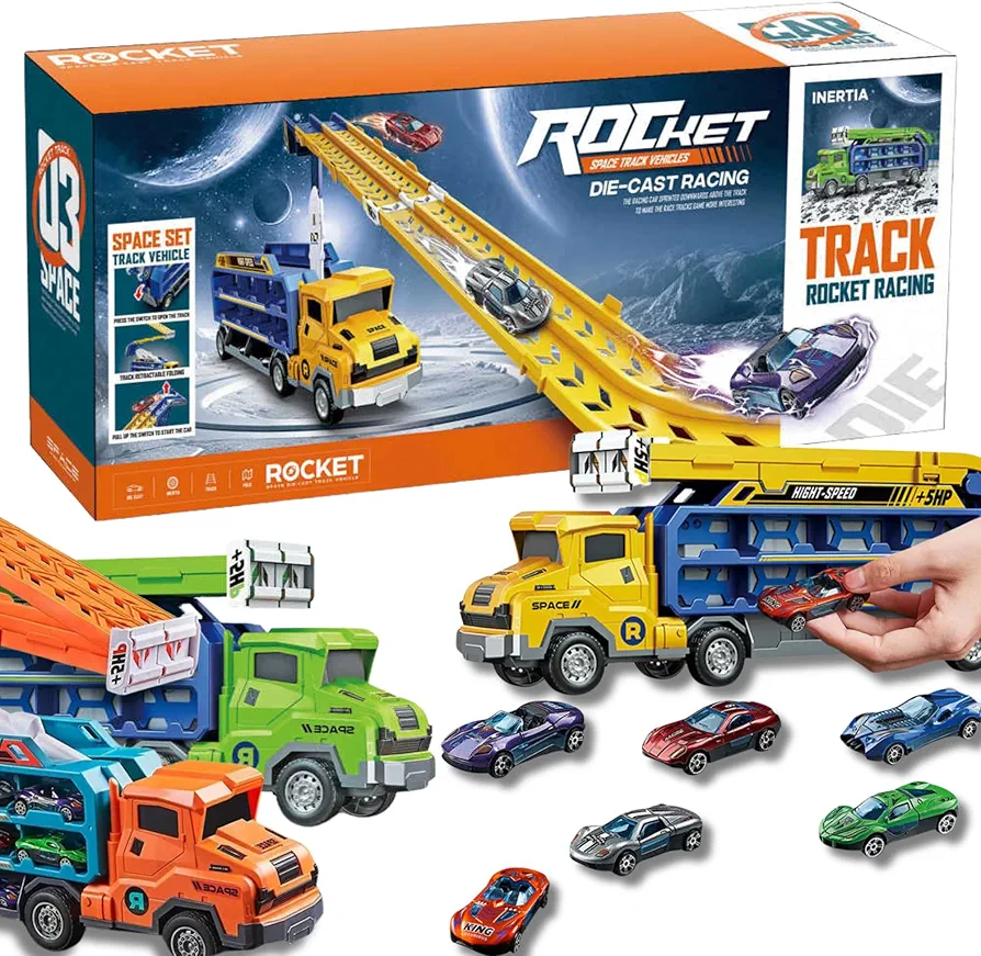 Hot Carrier Transport Truck Toys for Kids, 7-in-1 Big Storage Truck with Lift Dual-Racing Track, 6 Stylish Die-Cast Metal Racing Cars, Perfect Truck Toy Gift for 3 4 5 6 7 Years Old Boy Girl (Orange)