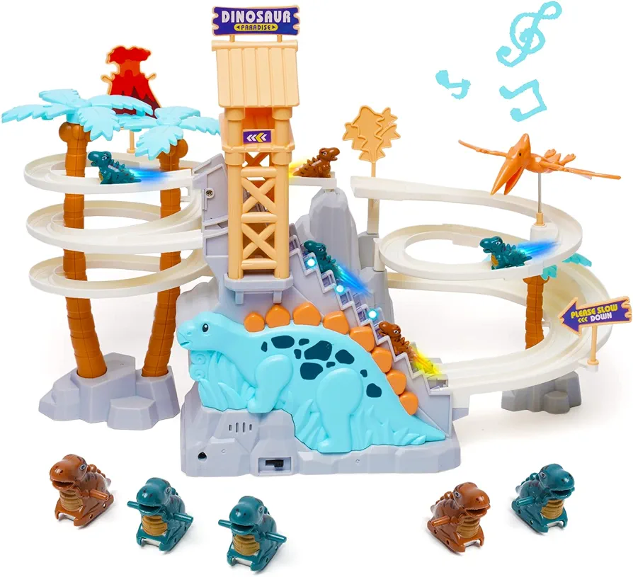 Dinosaur Chasing Race Track Game Set Double Loop Track Slide Toy Climb Stairs Toy Roller Coaster Toy with Music Educational Puzzle Playsets Gift for Toddler Kids Boys Girls Age 3+