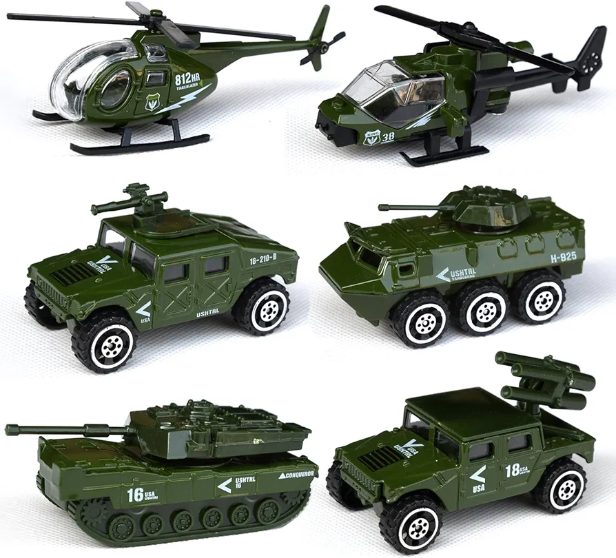 Tianmei 6 Cars in 1 Set Military styling 1:87 Alloy Diecast Vehicle Models Collection Kids Toy, Armament series Helicopter Tank Truck Armored Car (6pieces - Army)