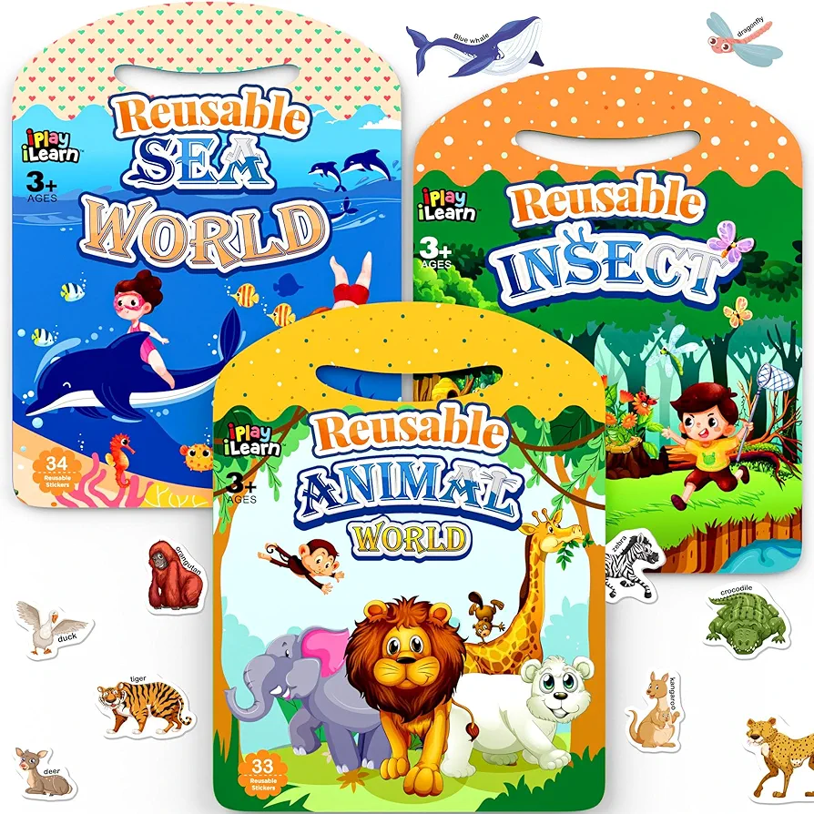 iPlay, iLearn 3PCS Kids Sticker Books, Reusable PuffyStickers Activity Busy Book Set, Toddler Travel Toys, Ocean Animal Bugs Stickers, Birthday Party Gift for 3 4 5 6 7 8 Year Old Boy Girl Preschooler