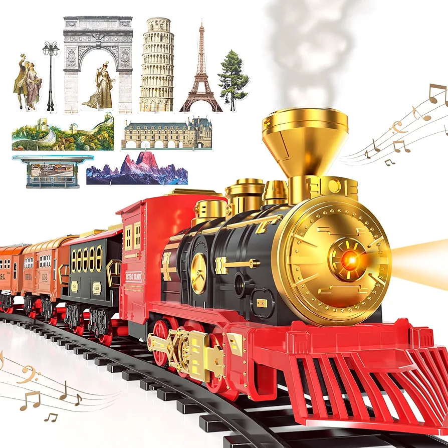 SNAEN Train Sets with Steam Locomotive Engine, Cargo Car and Tracks, Battery Powered Play Set Toy w/Smoke, Light & Sounds, for Kids, Boys & Girls 3 4 5 6 7 Years Old