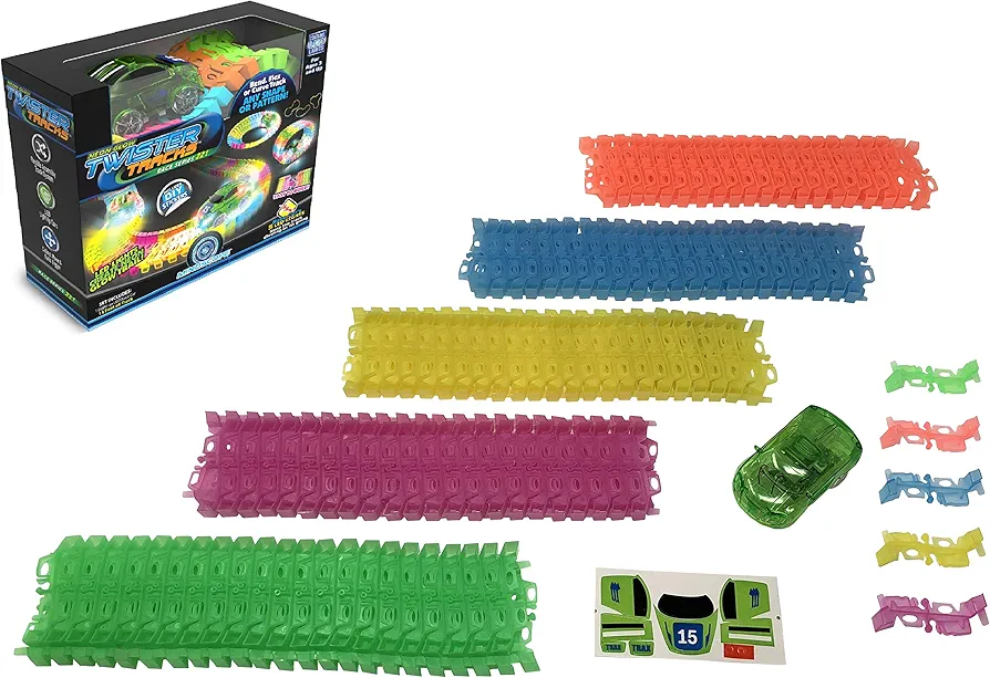 Mindscope Twister Tracks Neon Glow in The Dark 221 Piece (11 feet) of Flexible Assembly Track Race Series