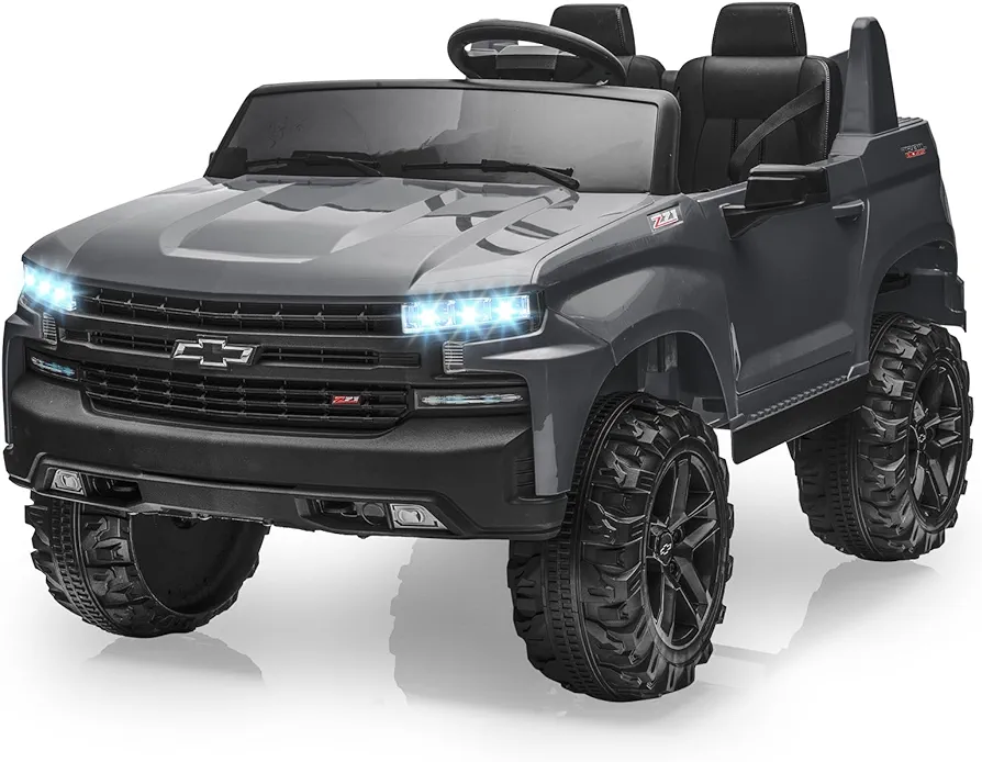 24V 2-Seater Truck Licensed Chevrolet Silverado Ride On Car Toy w/Parent Remote Control,4xSpring Suspension, 3 Speeds, Wireless Music, MP3 Player, Electric Vehicle Car for Kids Ages 3-8,Grey