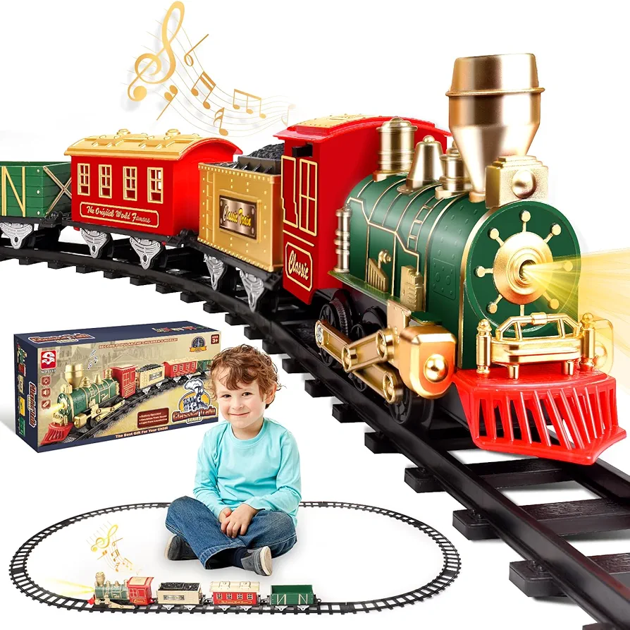 Train Set - Electric Train Toys, Toddler Train w/Light and Sounds (ON/Off), Classical Train Sets for boys w/Locomotive,Carriages and Tracks,Christmas Toy Train Gifts for 3 4 5 6 Year Old Kids