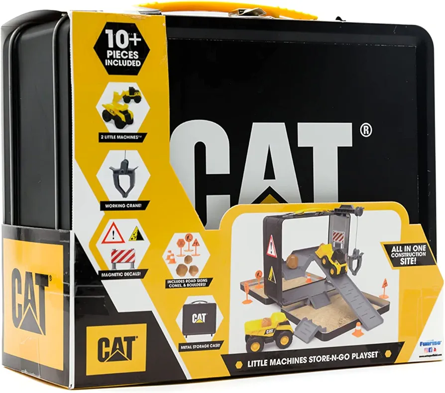 CAT Construction Toys, Store N Go Construction Playset with Travel Case, Ages 3+, 2 Little Machines Vehicles & Assortment of Construction Site Accessories, Quality, Durable & Realistic