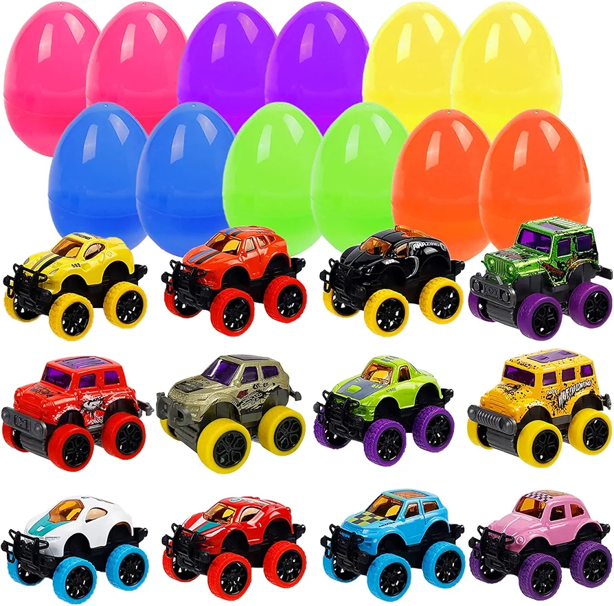 WATERGLIDE Set of 12 Pull Back Cars for 3-6 Year Old Boys, Easter Eggs Filled with Pullback Monster Vehicles Toys, Easter Egg Hunt, Basket Stuffers Filler, Party Favor Easter Gifts for Boys Age 3-6