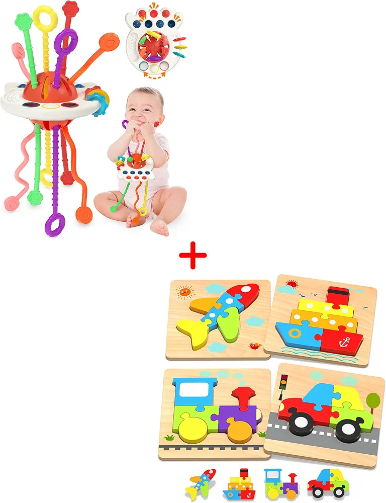 4 Vehicles + 1 Baby Sensory Montessori Toy for 12+ Months, Educational Learning Birthday Gift Travel Toy for 1 2 3 Year Old Boy and Girl Toddlers