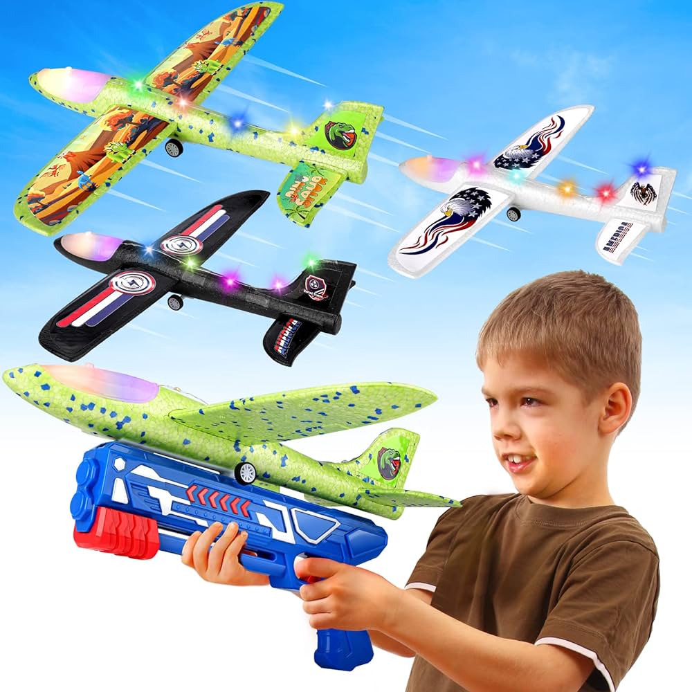 3 Pack Foam Airplane Launcher Toy, 12.6" LED Airplane Toy with 3 DIY Stickers, Plane Toy for Boys Age 4-6 6-8, Outdoor Toys for Kids Birthday Gifts for 4 5 6 7 8 9 10 11 12 Year Old Boys Girls