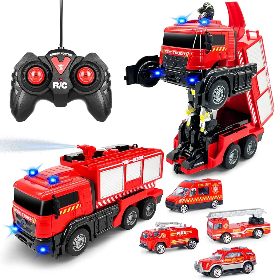 Remote Control Fire Truck With Led Sounds,RC Fire Truck Car Toy With 3pcs Small Firetrucks 10pcs Roadblock Models, One Button Press Spraying Water Transformer Fire Truck Toys For Kids Toddlers Boys