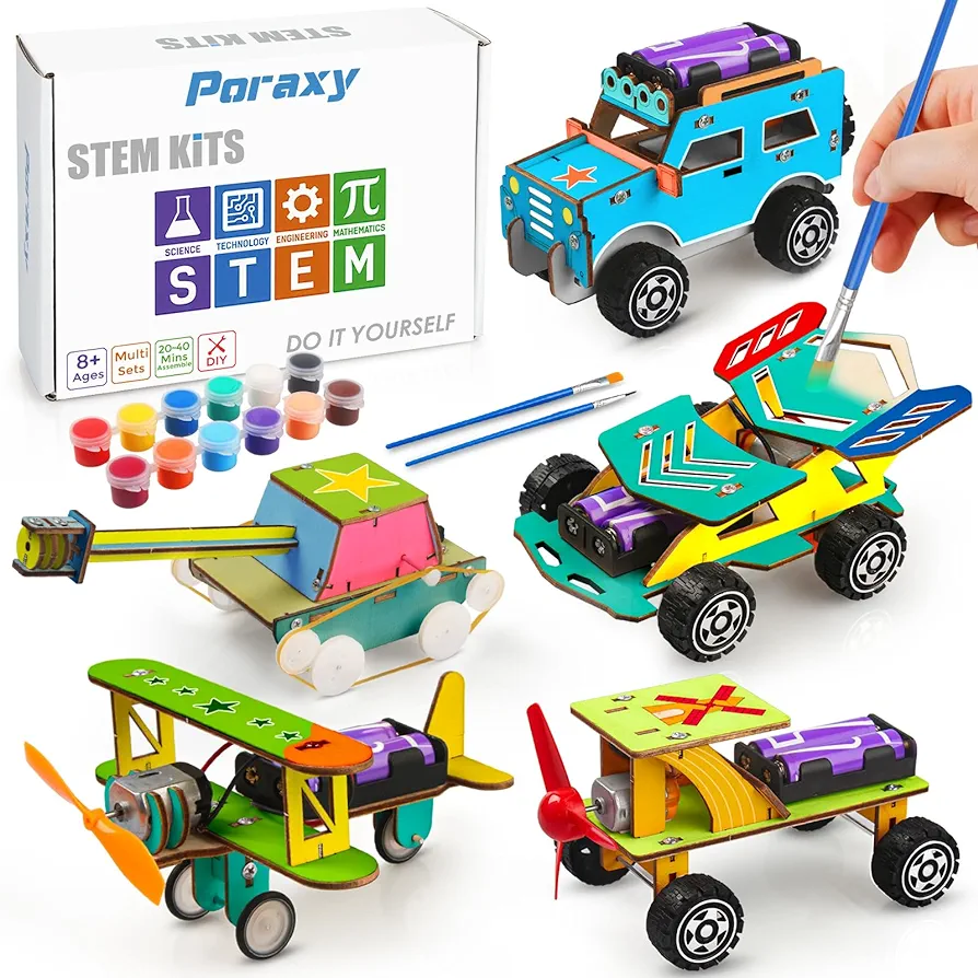 Poraxy STEM Kits for Kids Age 8-10, 5 Set Wooden Model Car Kits, STEM Toys for Ages 8-13, 3D Puzzles, Science Kits Educational Crafts Building Projects, Gifts for 8 9 10 11 12 13 Year Old Boys Girls