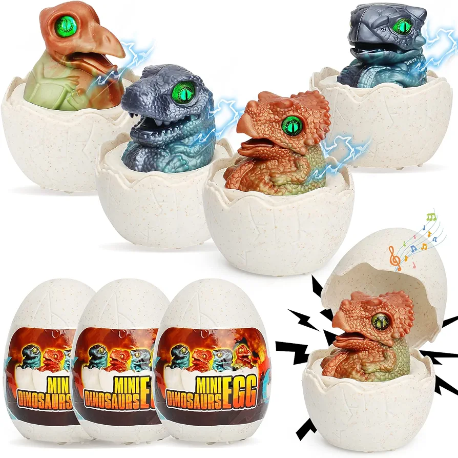 Easter Basket Stuffers Toys Gifts for Toddlers Kids 1, 2, 3, 4, 5+ Year Old, Easter Egg Hunt Dinosaur Car Toy, 4 Pack Press and Go Small Dinos Egg Trucks with Sounds & Lights, Kids Prizes Party Favors