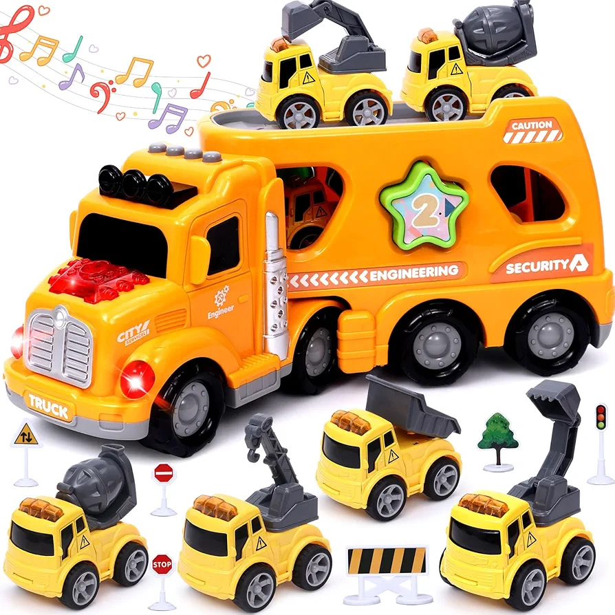 Golray Construction Truck Toddler Toys Gift for 2 3 4 5 Year Old Boys, Friction Vehicle Carrier Transport Car Toys with Light Sound Mist Spray, Christmas Birthday Gift Toy for Toddler Kids Boys 1-3