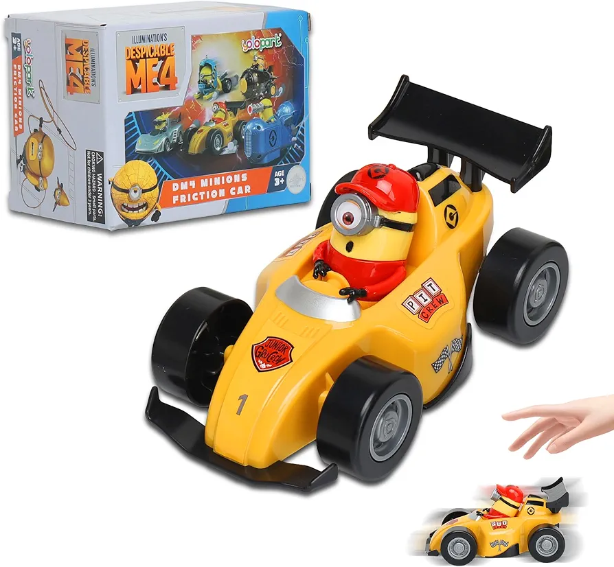 YOLOPARK Minions Despicable Me 4 Toys, Minion Stuart Racer Toy Cars Gifts for Toddler Boys and Girls Age 3 4 5 6 7 8 Year 0ld, Friction Powered Cars Pull Back Minions Action Figure Party Favors