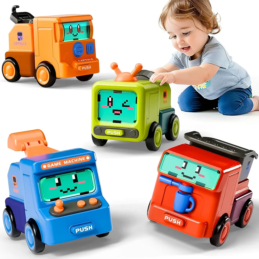 iPlay, iLearn 2 in 1 Toddler Car Toys Set, Boys Press Car Toys, Kids Push & Go Friction Racing Car, Infant Mini Construction Playset, Cool Birthday Party Favor Gifts Stuffer for 3 4 5 Years Old Child