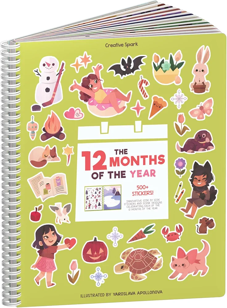 12 Months Sticker + Coloring Book (500+ Calendar Stickers for Kids & 12 Coloring Pages)- Side by Side Sticker Activity Book - Fun Sticker Books - Boys & Girls Ages 2-4 4-8, 8-10