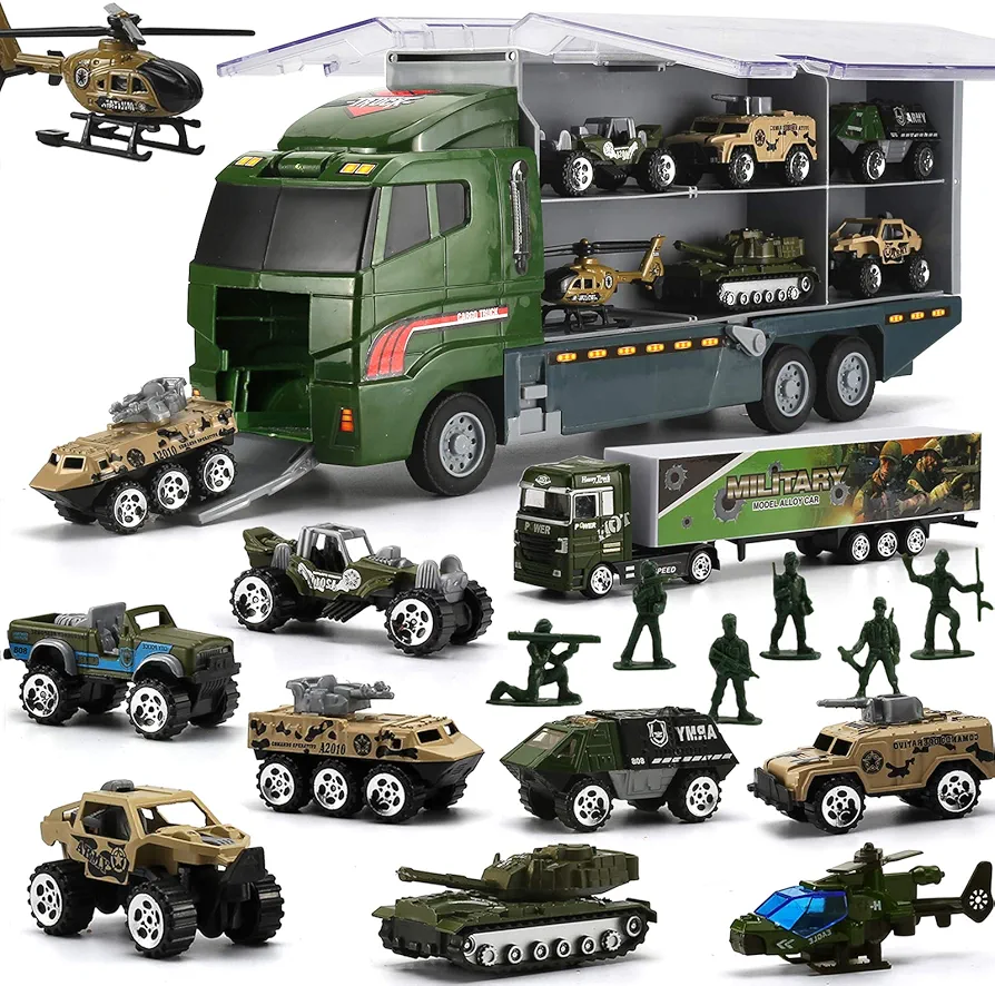 26 Pcs Military Truck with Soldier Men Set(2 in 1), Mini Die-cast Battle Car in Carrier Truck, Army Toy Double Side Transport Vehicle for Kid Child Girl Boy Play Birthday Party Favors