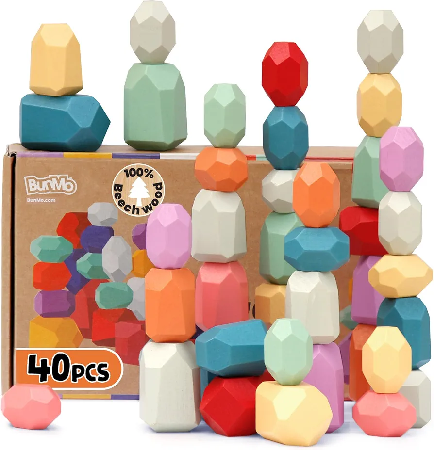 BUNMO Stacking Rocks 40pcs | Safe for Ages 1+ | Montessori Toys for 1 Year Old | Wooden Stacking Blocks for Kids 1+ | Stimulating Creative & Imaginative Play | Sensory Toddler Toys