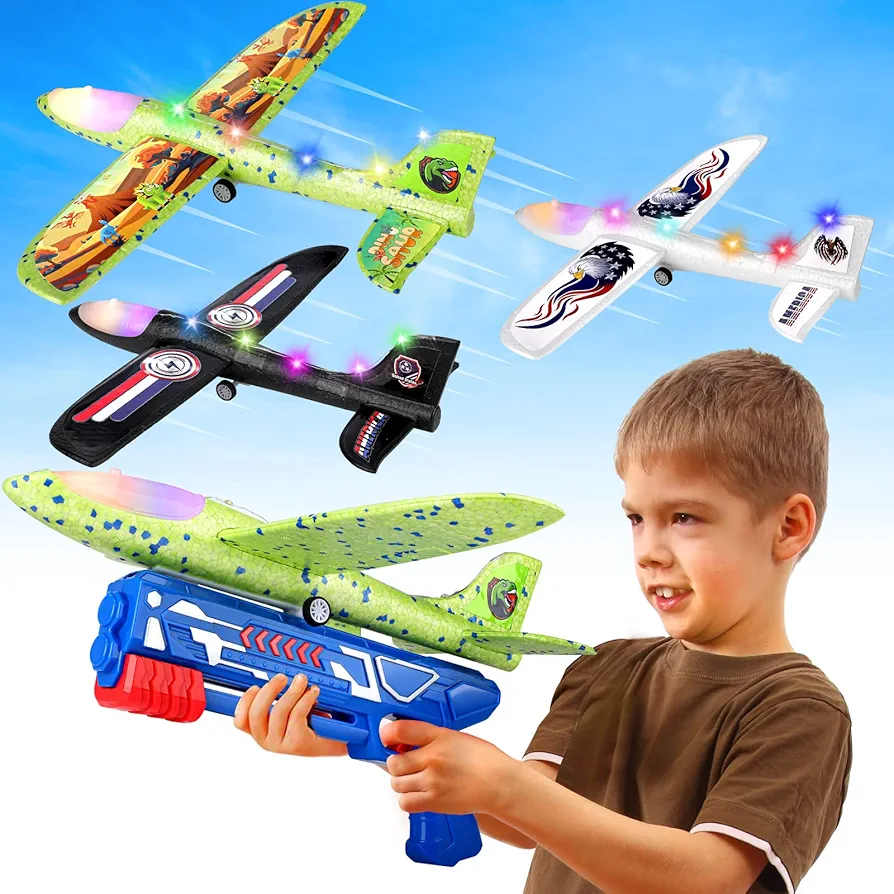 3 Pack Foam Airplane Launcher Toy, 12.6" LED Airplane Toy with 3 DIY Stickers, Plane Toy for Boys Age 4-6 6-8, Outdoor Toys for Kids Birthday Gifts for 4 5 6 7 8 9 10 11 12 Year Old Boys Girls