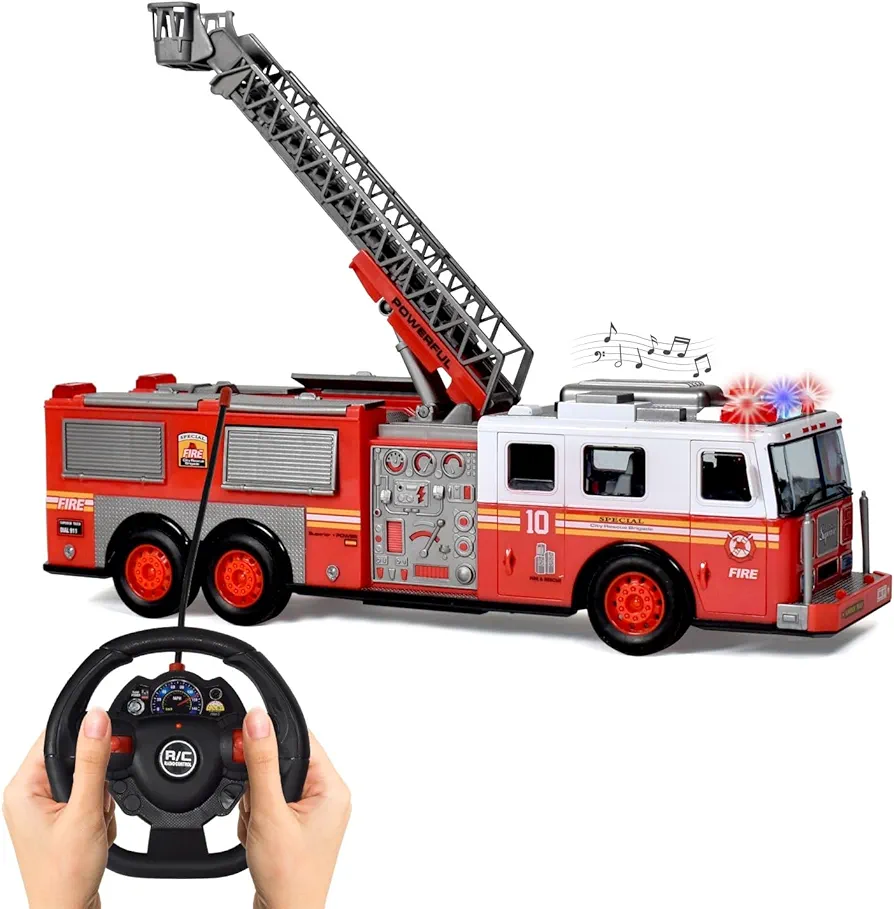 Realistic RC Fire Truck for Kids Remote Control Firetruck with Lights, Siren Sounds & Rotating Ladders- Large 14” Fire Rescue Truck for 3+ Age Toddlers- Best Firefighter Gift Toy for Boys