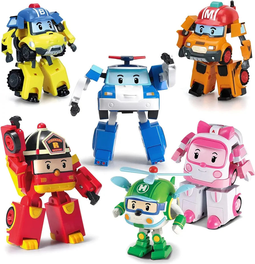 Robocar Poli 6 Pack Transforming Robot Toys, Poli+Amber+Roy+Helly+Mark+Bucky, 4" Tramsformable Action Figure Toy, Emergency Vehicle Playset, Holiday Birthday Rescue Team Car Toys Gift for Kids Age 1-5