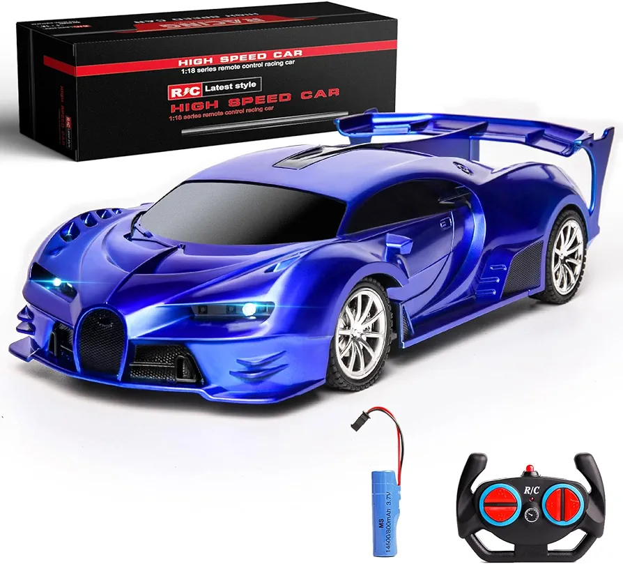 Remote Control Car 1/18 Rechargeable High Speed RC Cars Toys for Boys Girls Vehicle Racing Hobby with Headlight Xmas Birthday Gifts for Kids (Blue)