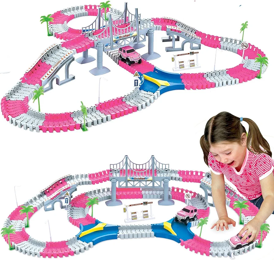 168 PCS Pink Magic Bendable Race Track Toy, Snap Together Create a Road Flexible Track Car Set for Toddlers, Kids, Boys, and Girls