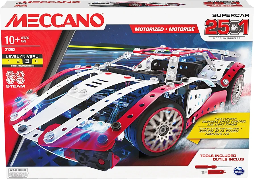 Meccano, 25-in-1 Motorized Supercar STEM Model Building Kit with 347 Parts, Real Tools and Working Lights, Kids Toys for Ages 10 and Up