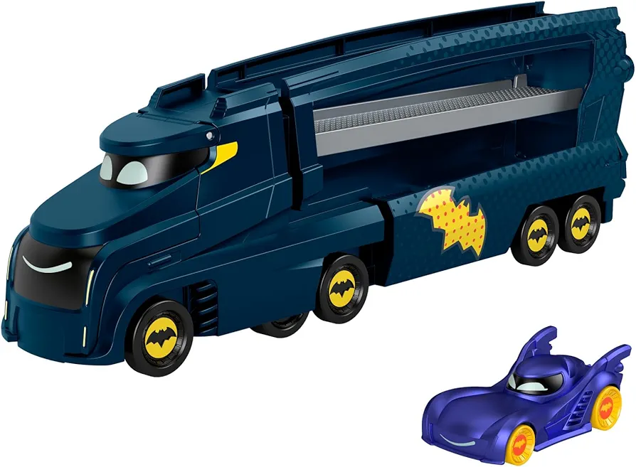 Fisher-Price DC Batwheels Toy Hauler and Car, Bat-Big Rig with Ramp and Bam The Batmobile 1:55 Scale Diecast Toy Vehicle, Ages 3+ Years